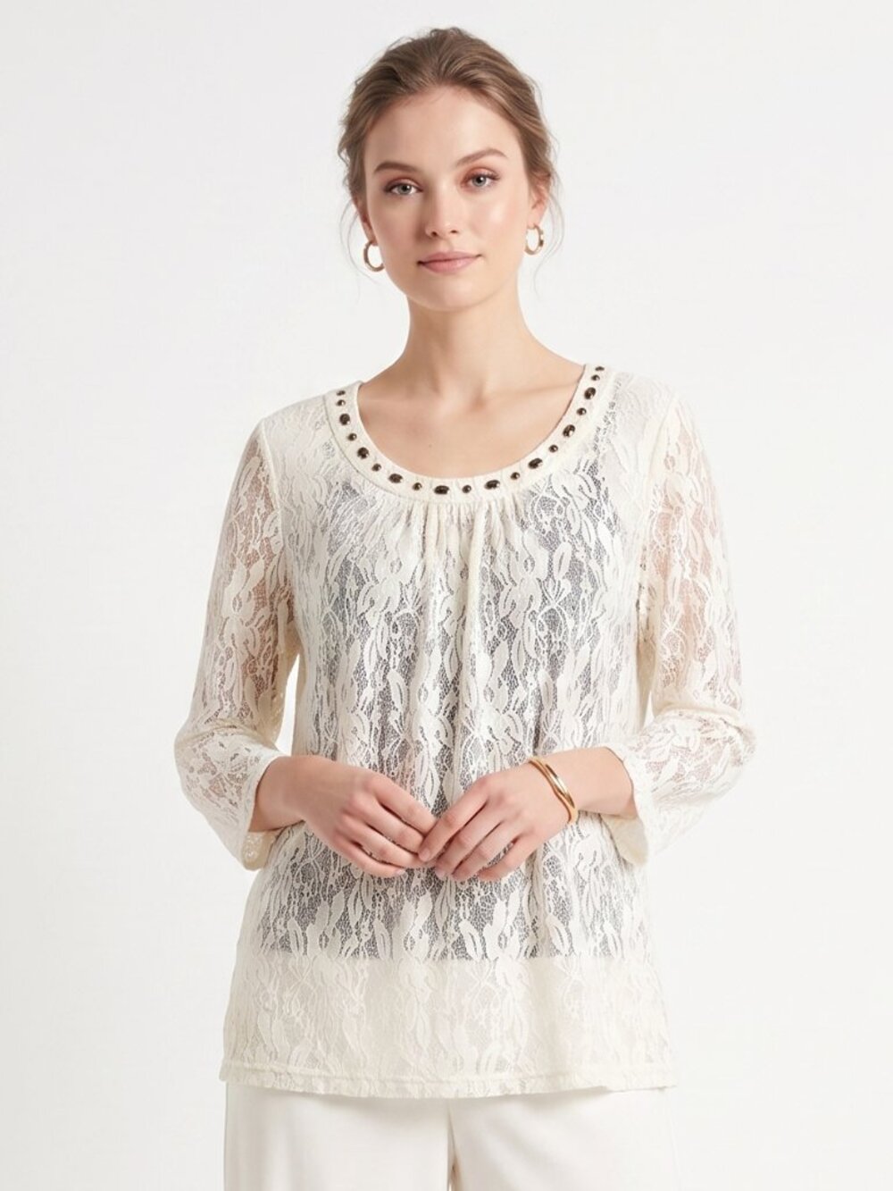 Sag Harbor Blouse Cream Lace Beaded Boho Whimsical XL